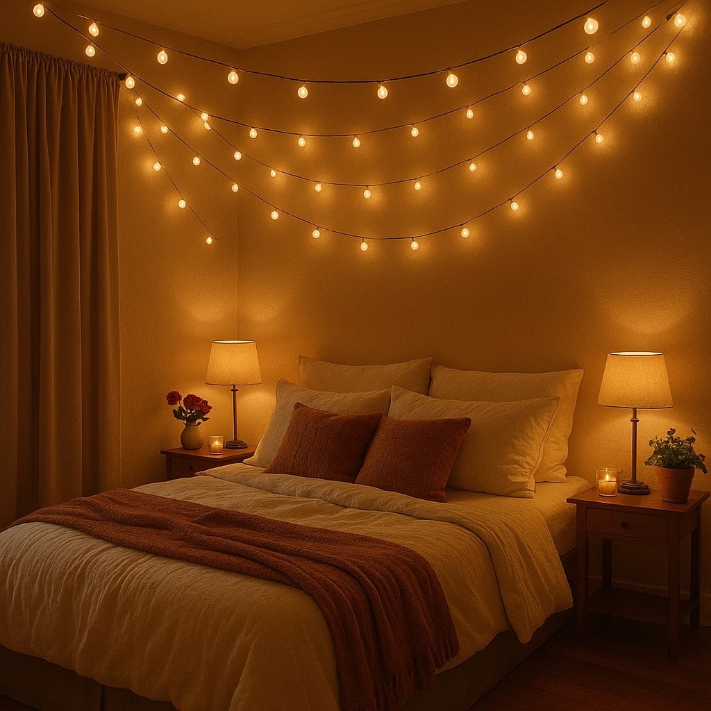 17. Rust and Golden Amber String Light Bedroom Idea - romantic bedroom ideas