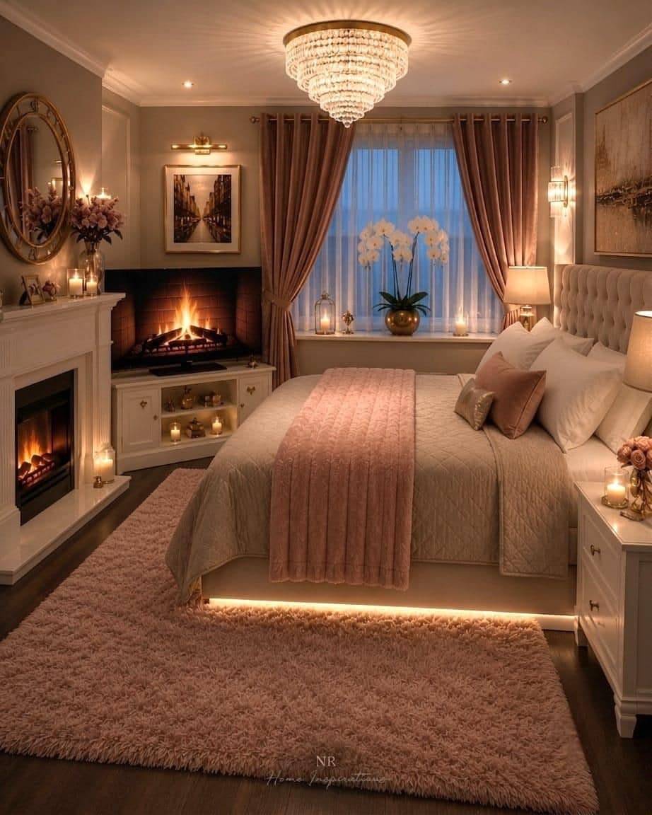 18. Blush Pink and Warm White Fireplace Bedroom Idea - romantic bedroom ideas
