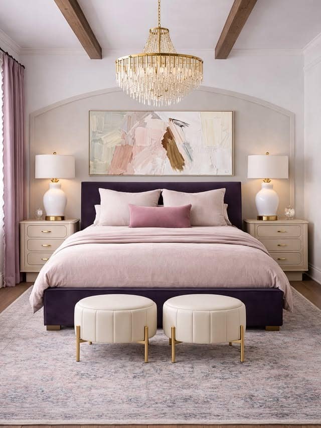 19. Plum and Soft Pink Modern Glam Bedroom Idea - romantic bedroom ideas