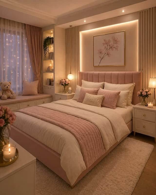 21. Blush Pink and Warm Cream Built-In Bedroom Idea - romantic bedroom ideas