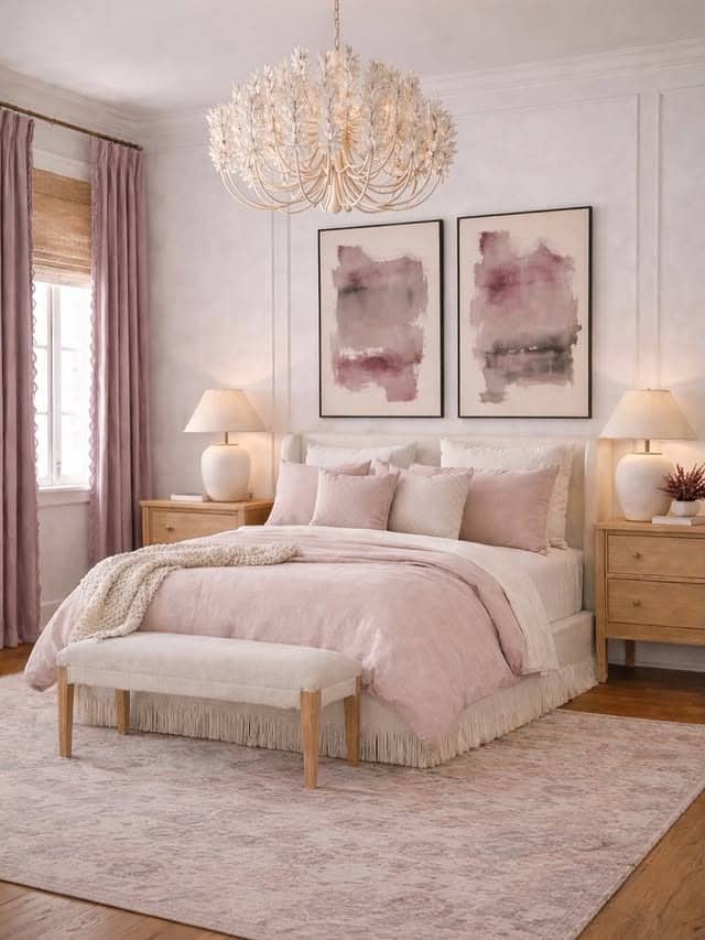 22. Powder Pink and Ivory Botanical Bedroom Idea - romantic bedroom ideas