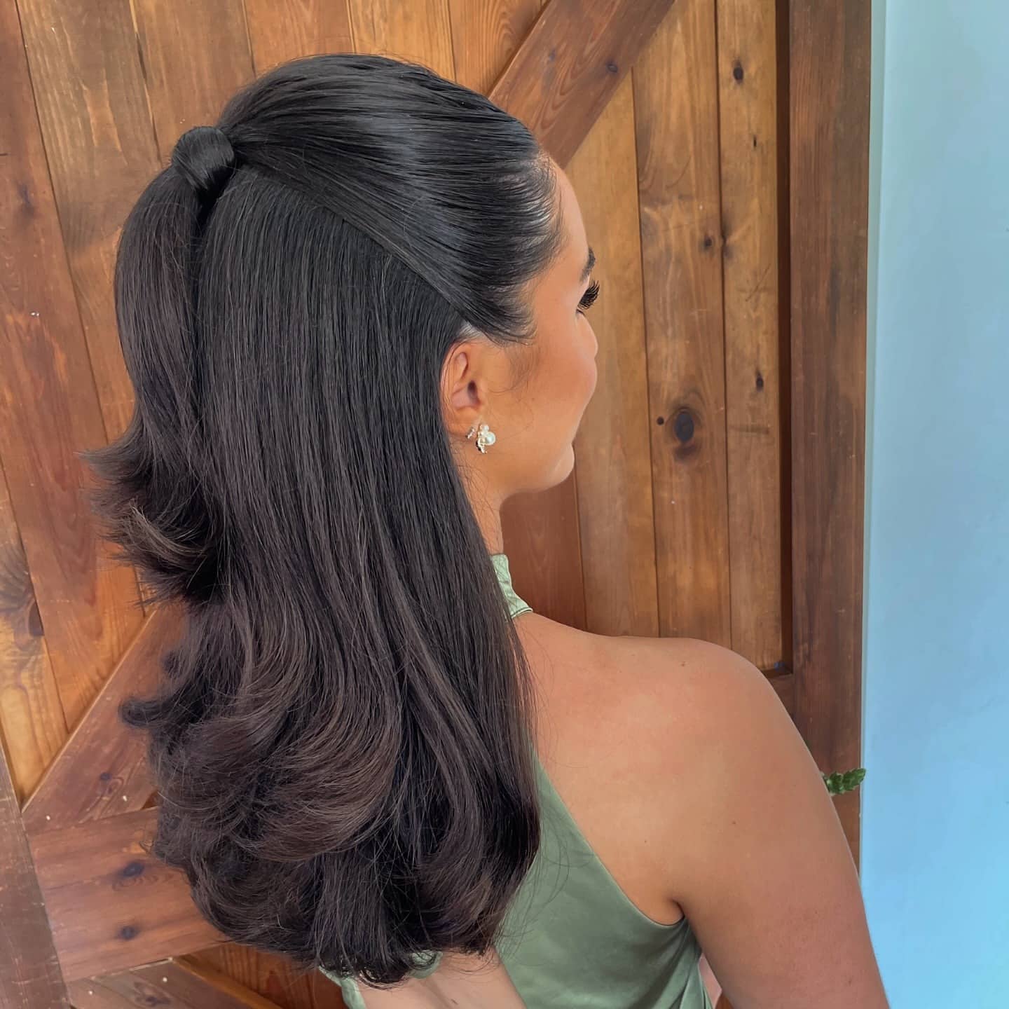 22. Deep Espresso Sleek Half-Up Ponytail with Flipped Layers - Sleek Hairstyles