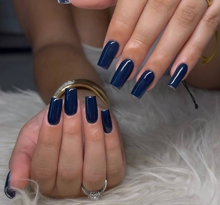 7. Dark Navy Long Square Nails - dark blue nail ideas