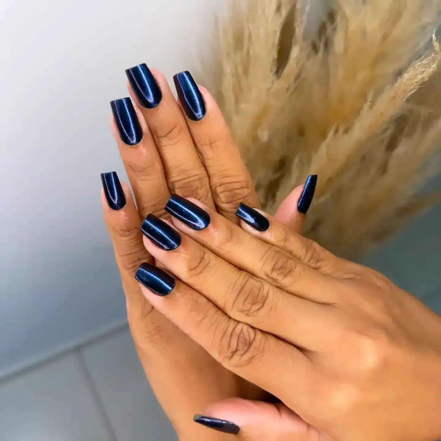 8. Shimmering Midnight Blue Square Nails - dark blue nail ideas