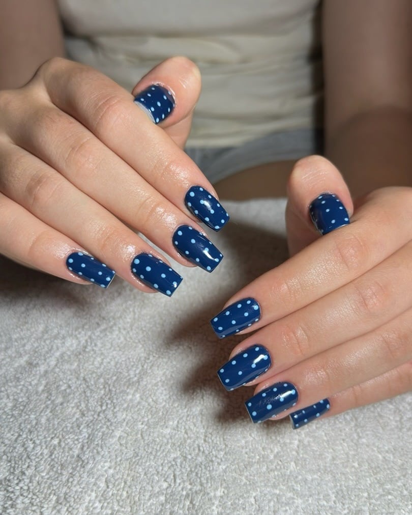 10. Dark Blue Polka Dot Square Nails - dark blue nail ideas