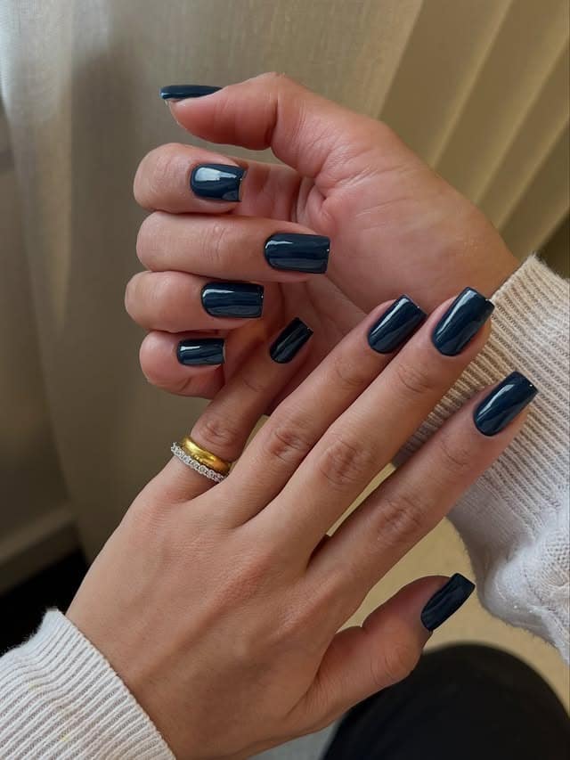 11. Deep Teal Navy Short Square Nails - dark blue nail ideas