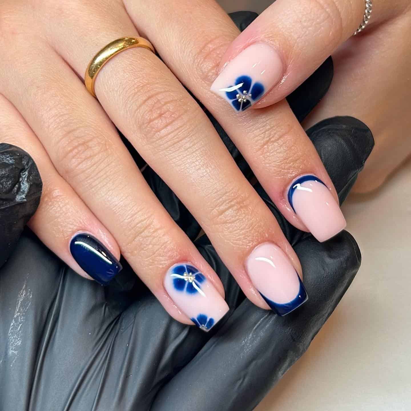 21. Navy Blue Floral French Square Nails - dark blue nail ideas