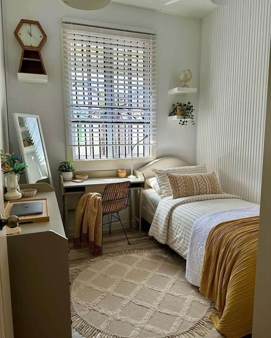 1. Warm Cream and Mustard Tiny Bedroom with a Window-Side Workspace - tiny home bedroom ideas