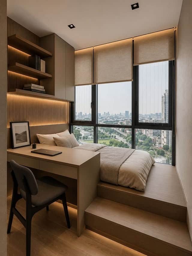 2. Mocha Brown Tiny Bedroom with a Raised Platform Bed and Built-In Desk - tiny home bedroom ideas