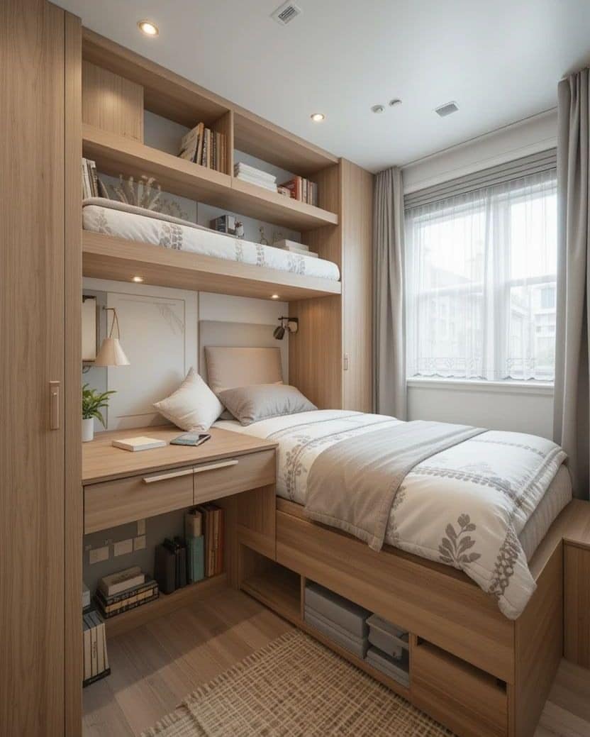 3. Light Oak Tiny Bedroom with an Overhead Loft and Integrated Storage - tiny home bedroom ideas