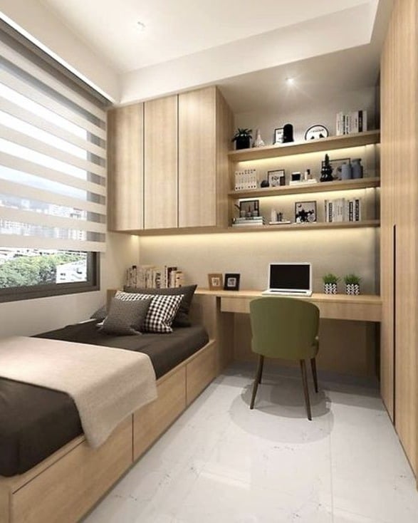 4. Natural Oak and Sage Tiny Bedroom with a Full-Width Desk Wall - tiny home bedroom ideas