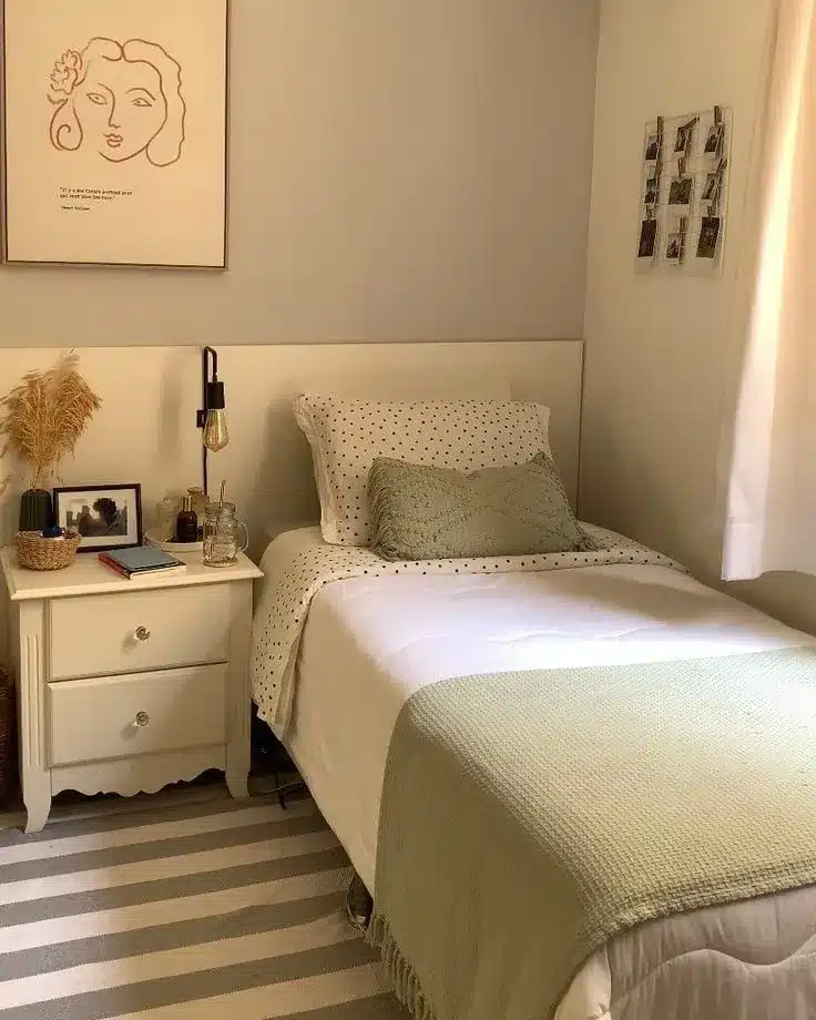 5. Soft Sage and Ivory Tiny Bedroom with Classic Bedside Details - tiny home bedroom ideas