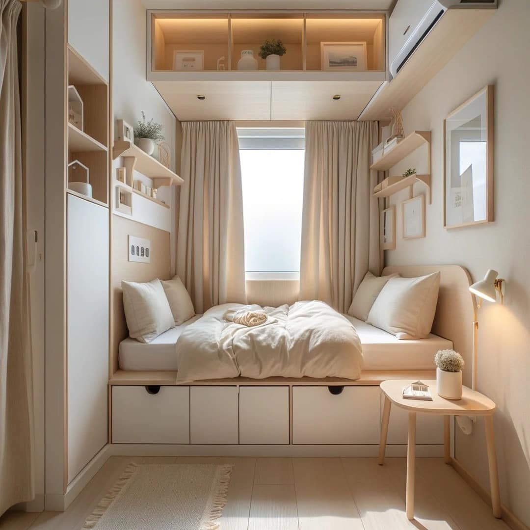 6. Cream and Pale Wood Tiny Bedroom with a Storage Daybed - tiny home bedroom ideas