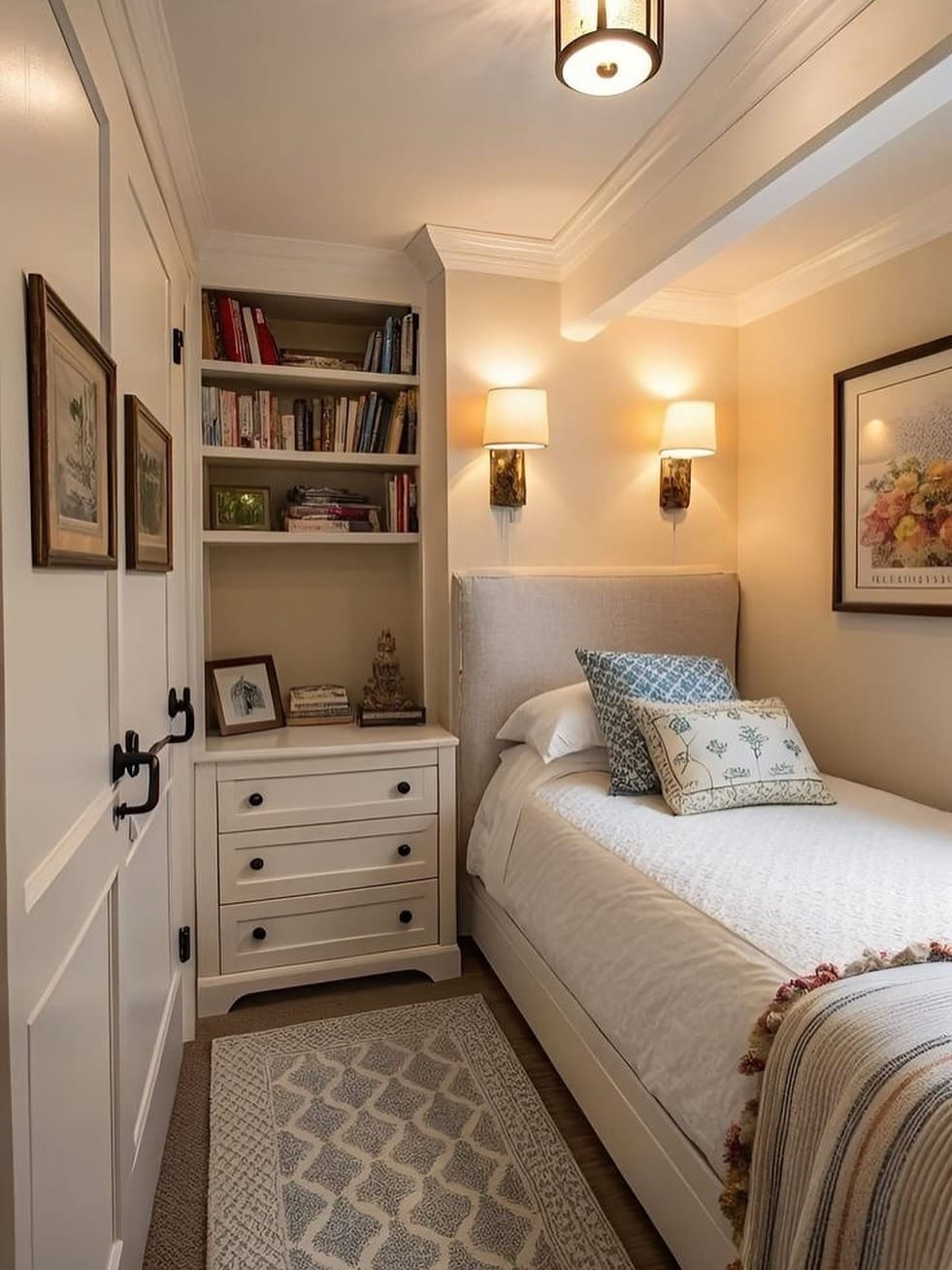 8. Warm Ivory Tiny Bedroom with Built-In Bookcase Storage - tiny home bedroom ideas