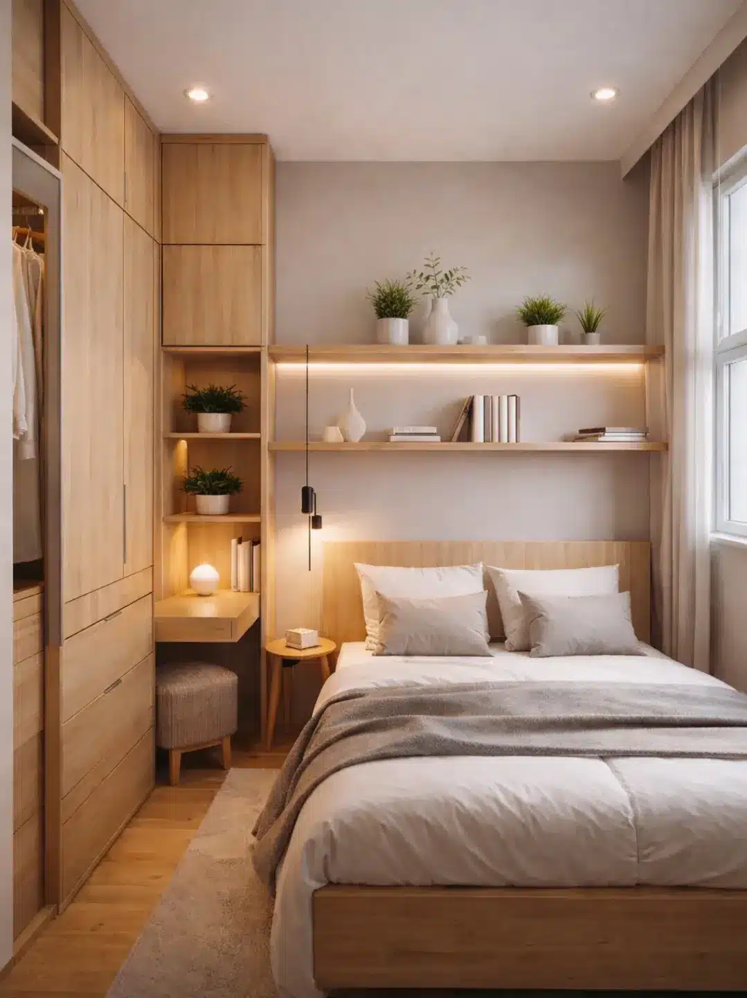 9. Light Oak and Greige Tiny Bedroom with Floor-to-Ceiling Wardrobes - tiny home bedroom ideas