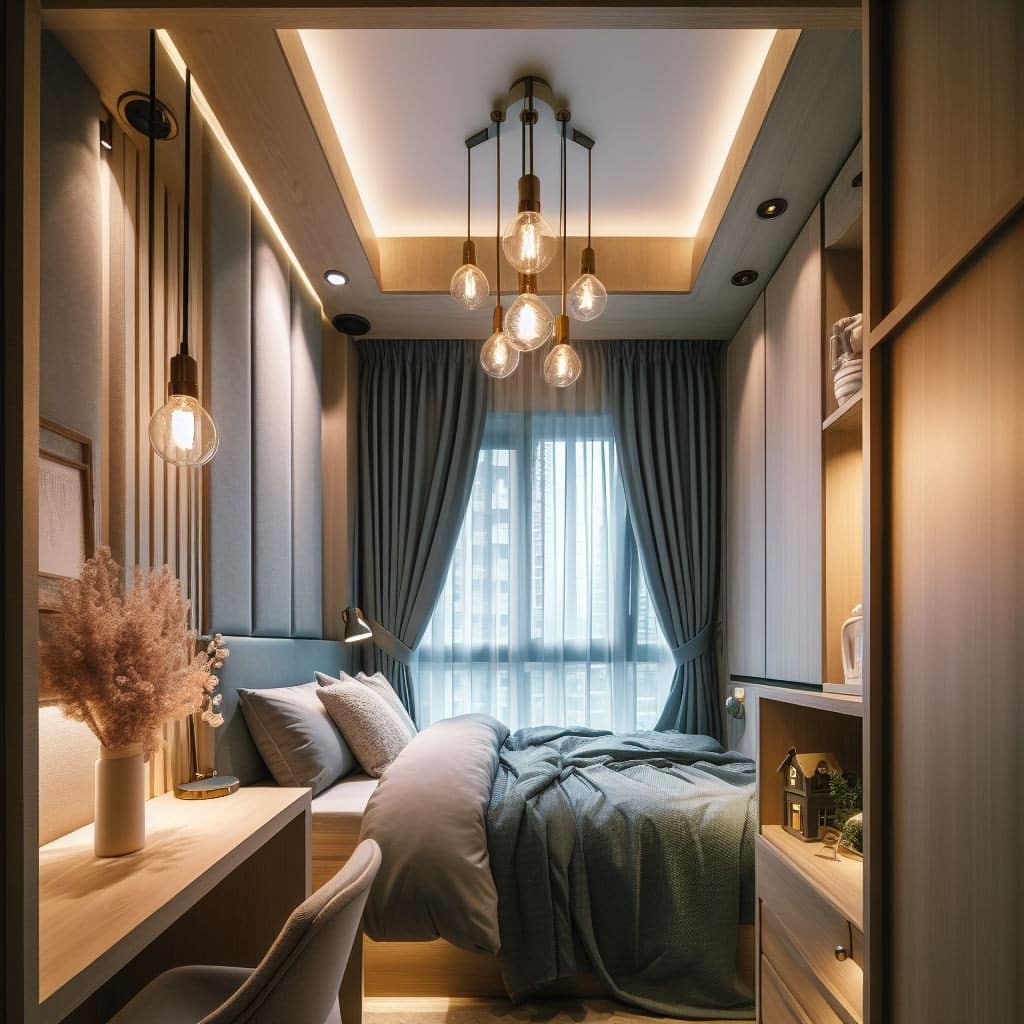 10. Charcoal and Honey Wood Tiny Bedroom with Layered Ambient Lighting - tiny home bedroom ideas