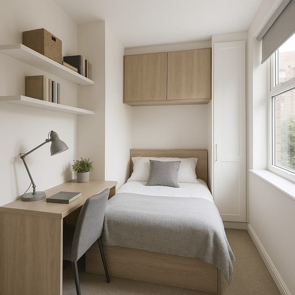 11. Soft Gray and Light Oak Tiny Bedroom with Overhead Storage - tiny home bedroom ideas