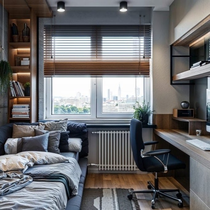 13. Charcoal Gray and Walnut Tiny Bedroom Office with Built-In Desk - tiny home bedroom ideas