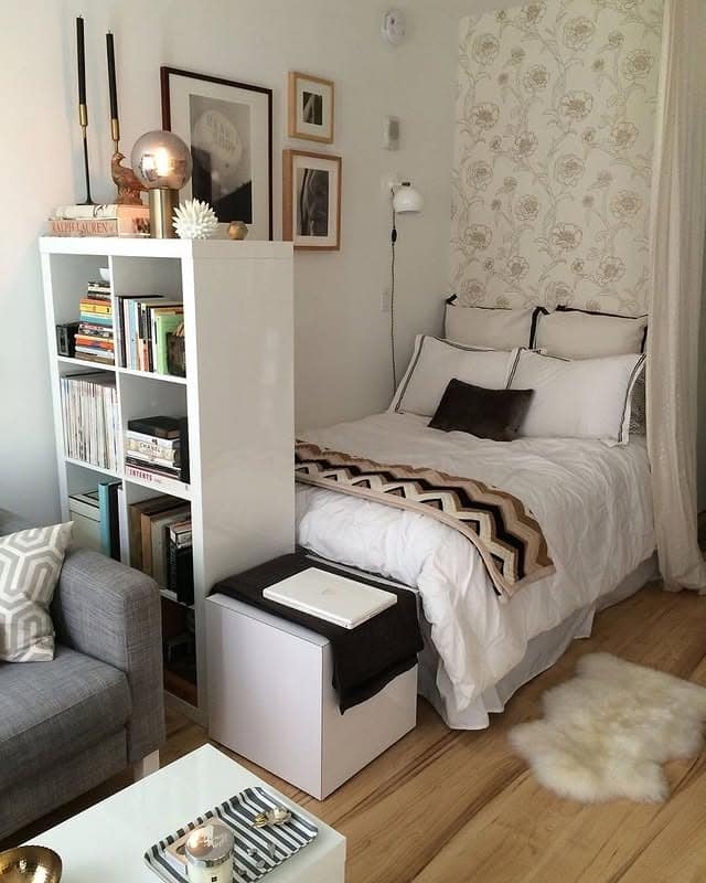 15. Cream and Espresso Tiny Bedroom with a Bookcase Room Divider - tiny home bedroom ideas
