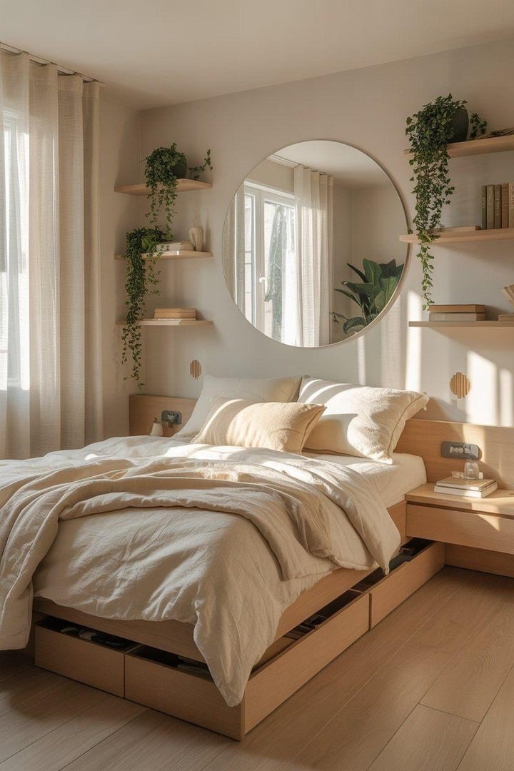 17. Warm Beige and Pale Oak Tiny Bedroom with Under-Bed Drawers - tiny home bedroom ideas