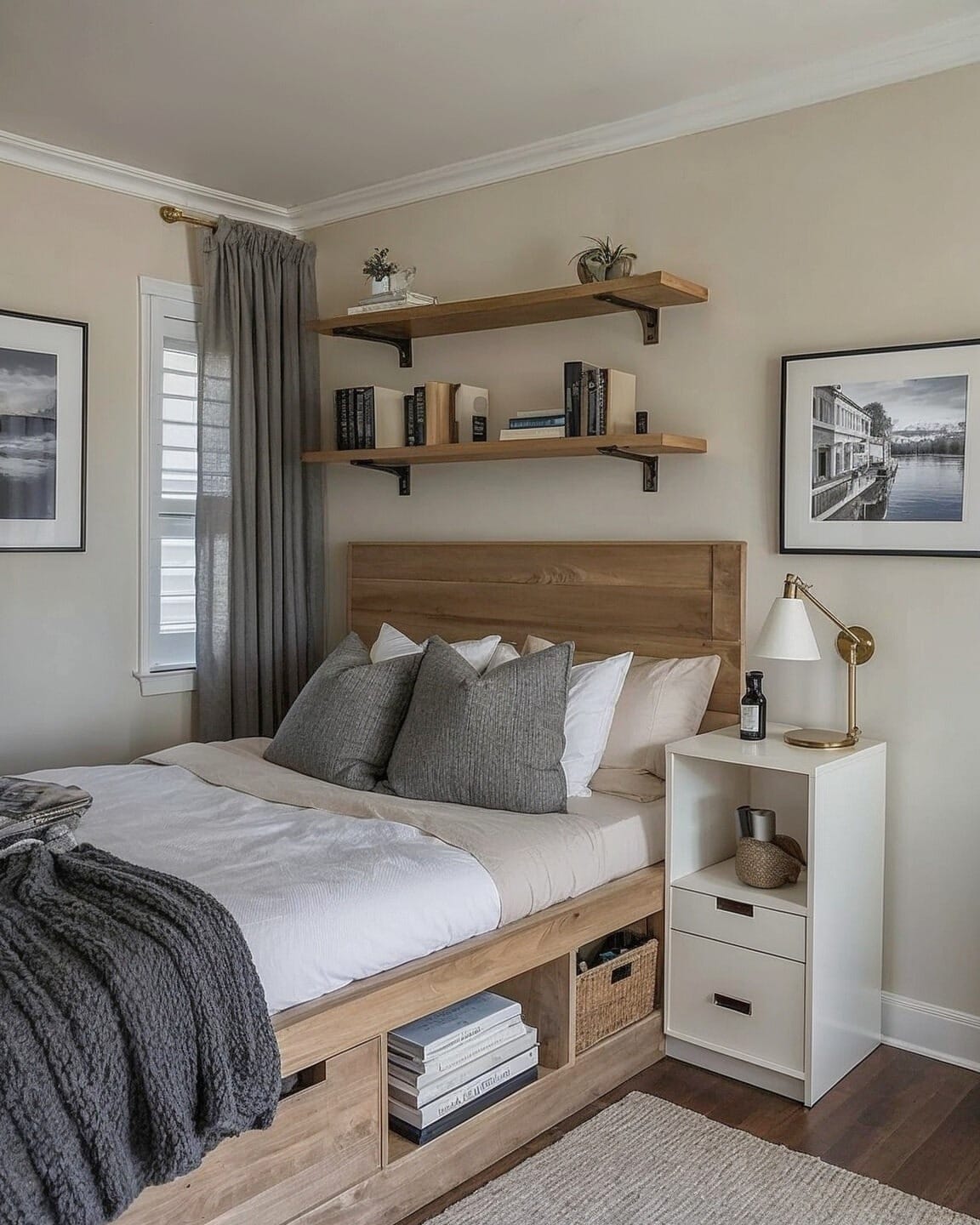 19. Greige and Natural Wood Tiny Bedroom with Open Platform Storage - tiny home bedroom ideas