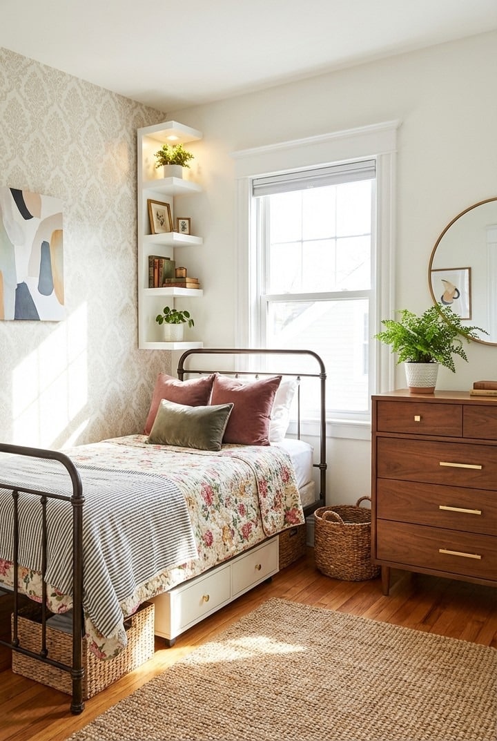 20. Blush Pink and Walnut Tiny Bedroom with Vintage Floral Accents - tiny home bedroom ideas