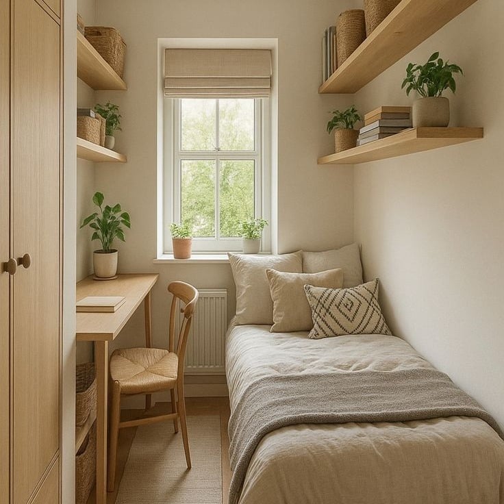 21. Warm Beige and Light Oak Tiny Bedroom with Wall-Mounted Storage - tiny home bedroom ideas
