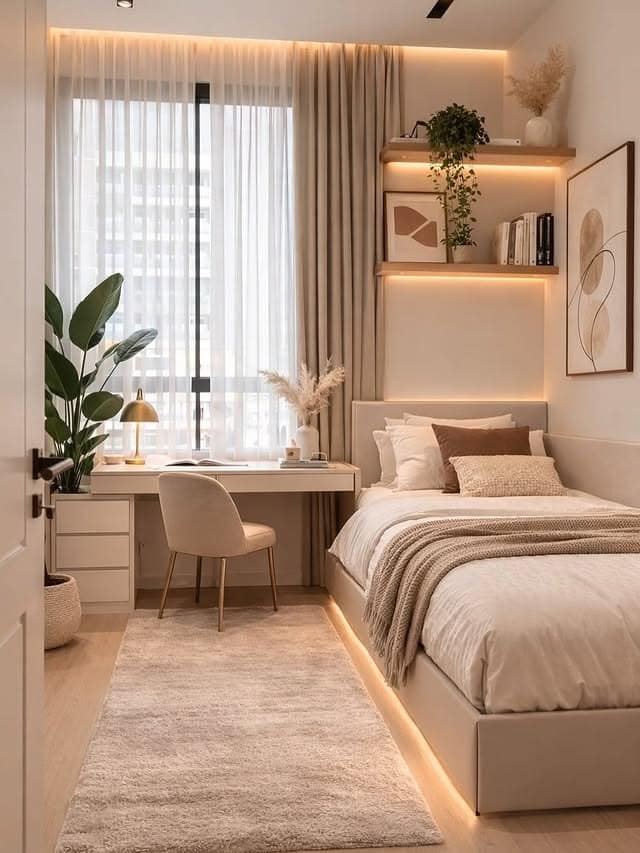 22. Cream and Caramel Tiny Bedroom with Floating Desk and Ambient Lighting - tiny home bedroom ideas