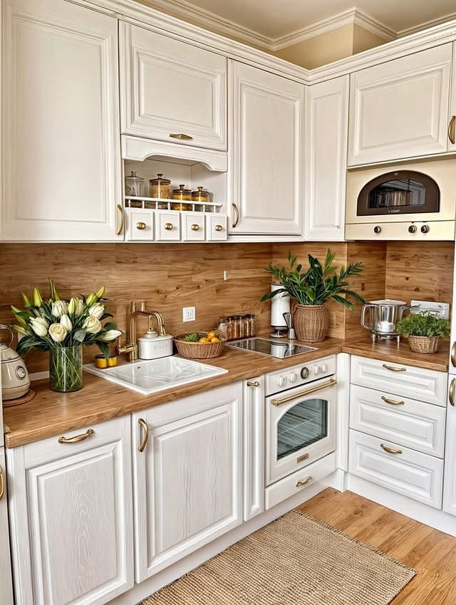 3. Creamy White Cabinets with Rich Wood Backsplash - white cabinets kitchen ideas