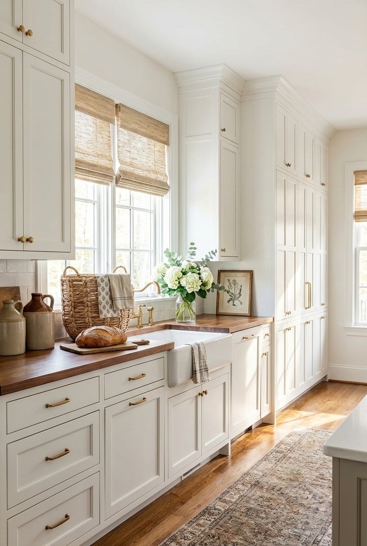 13. Soft White Cabinets with Walnut Counters and Antique Brass - white cabinets kitchen ideas