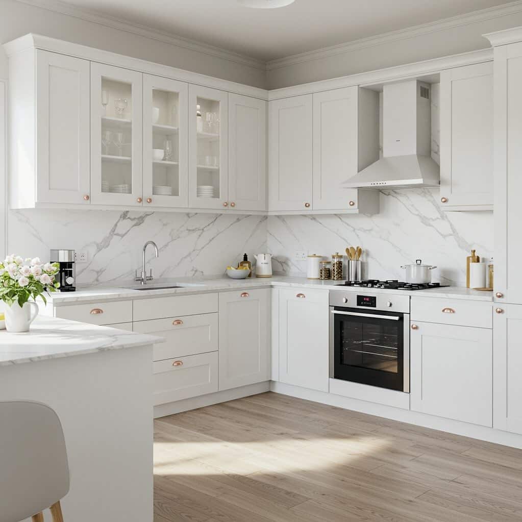 14. Crisp White Cabinets with Marble and Rose Gold Accents - white cabinets kitchen ideas
