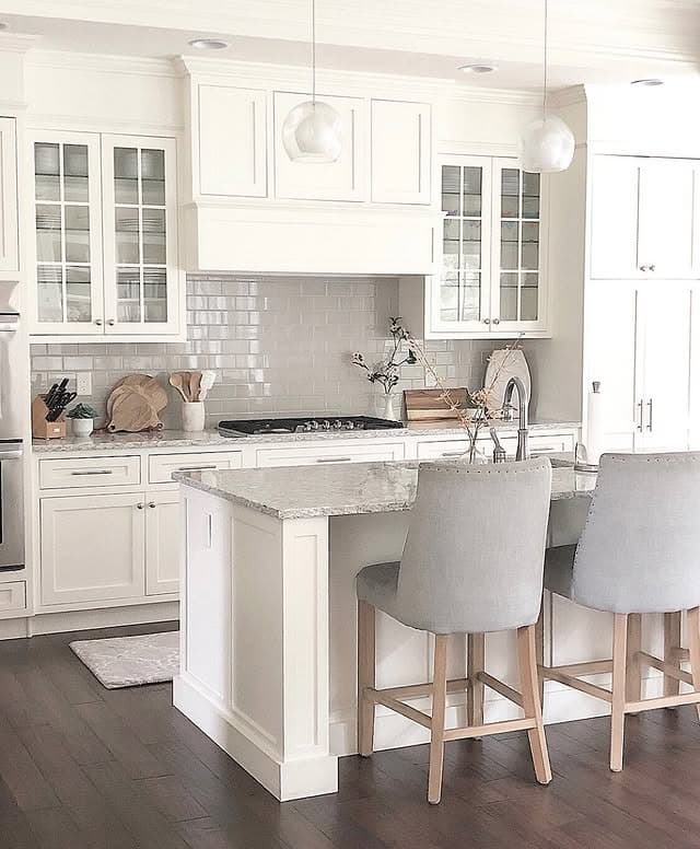 15. Classic White Cabinets with Soft Gray and Glass Details - white cabinets kitchen ideas