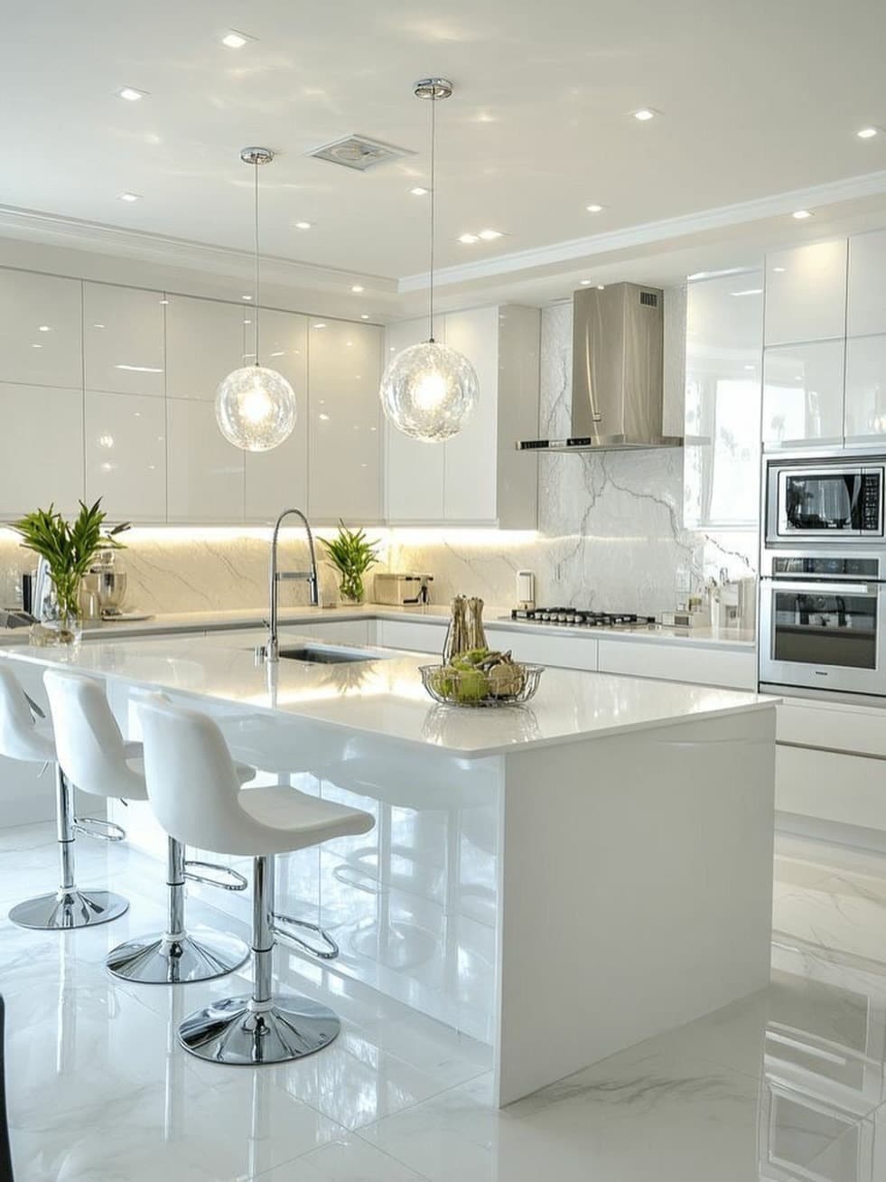 16. Glossy White Cabinets with Chrome and Marble - white cabinets kitchen ideas