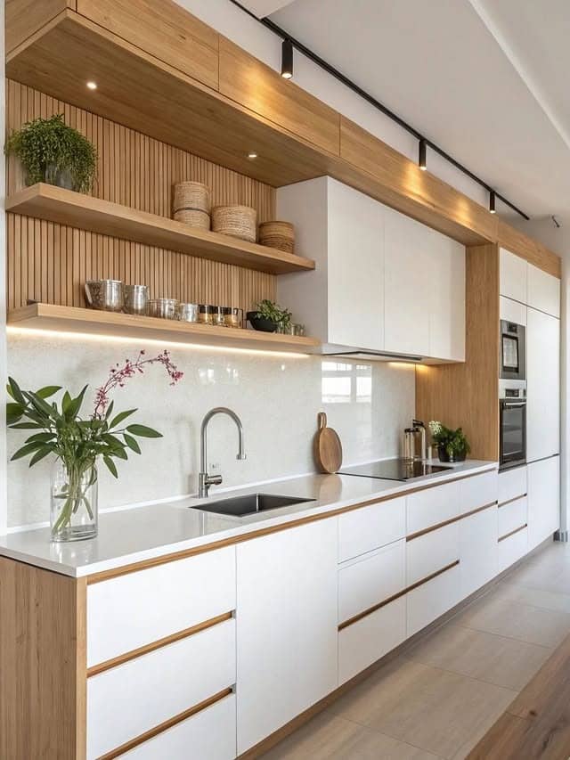 17. Modern White Cabinets with Honey Oak Wall Paneling - white cabinets kitchen ideas