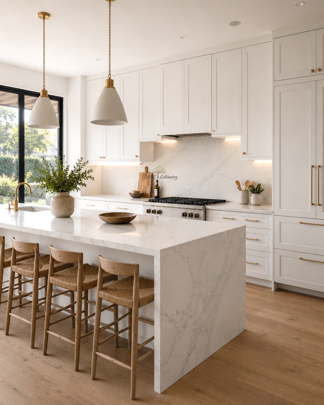 19. Warm White Cabinets with Marble Waterfall Island and Brass - white cabinets kitchen ideas