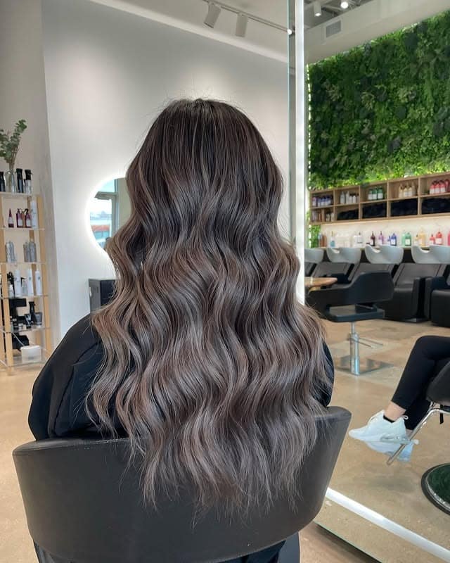 5. Smoky Mushroom Brown Balayage with Long Waves - Mushroom Hair Color