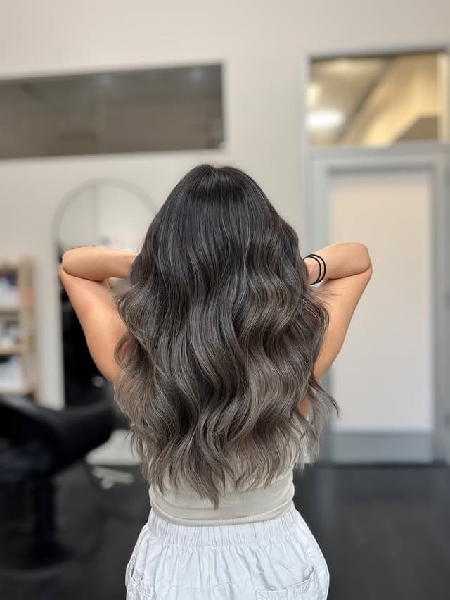 6. Charcoal Mushroom Ombre with Textured Waves - Mushroom Hair Color