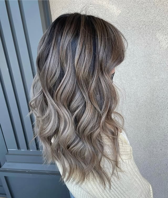 13. Mushroom Brown Balayage with Ash Blonde Waves - Mushroom Hair Color