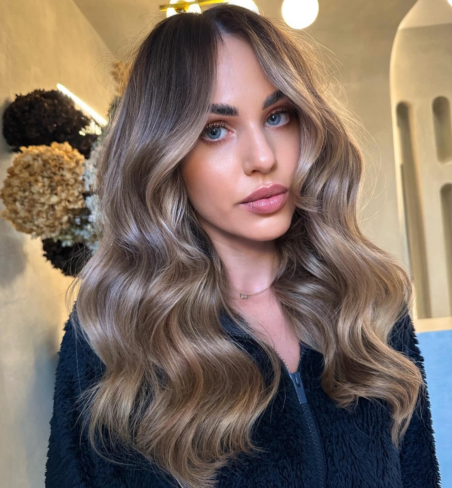 15. Glossy Mushroom Bronde with Curtain Layers - Mushroom Hair Color
