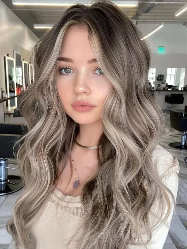 20. Pearl Mushroom Blonde with Shadow Roots and Long Waves - Mushroom Hair Color