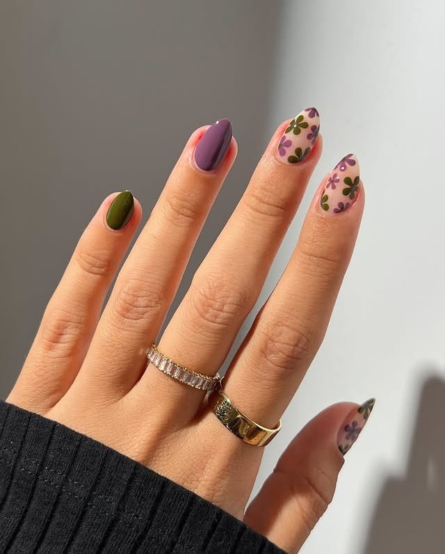 3. Olive Green and Plum Floral Leaf Nails - fall leaf nail ideas