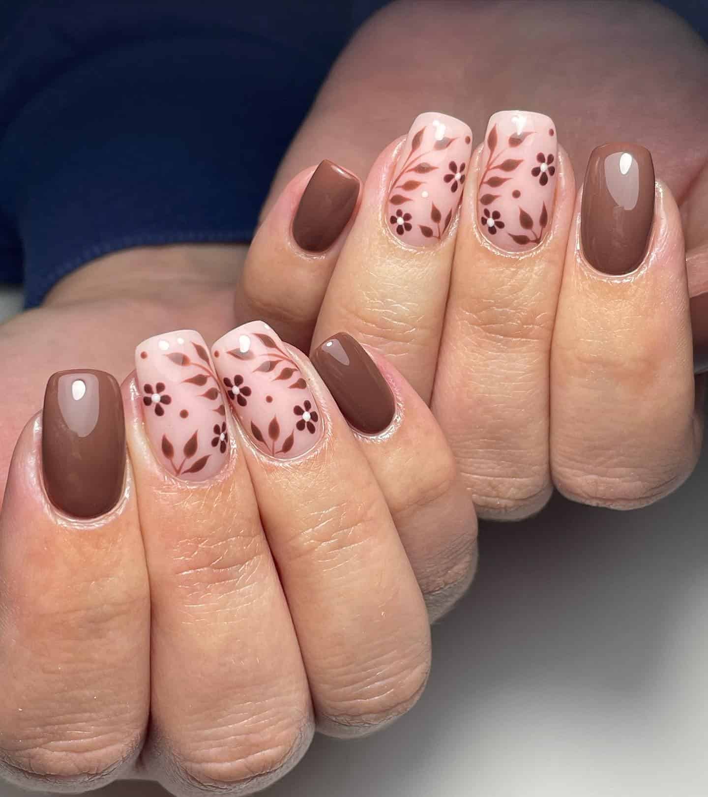 5. Mocha Brown Floral Leaf Square Nails - fall leaf nail ideas