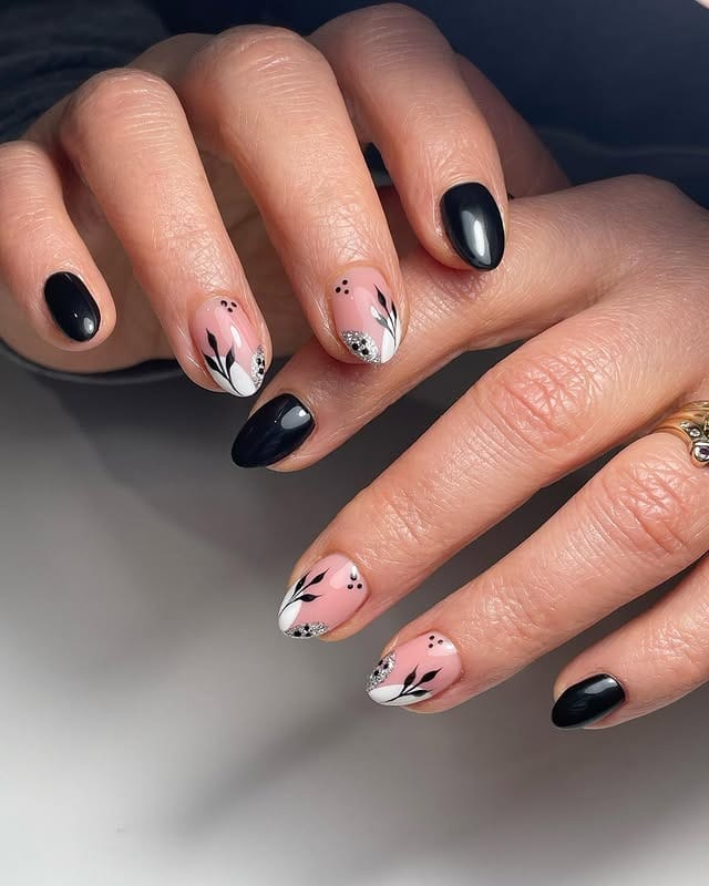 6. Black and Blush Leaf Oval Nails - fall leaf nail ideas