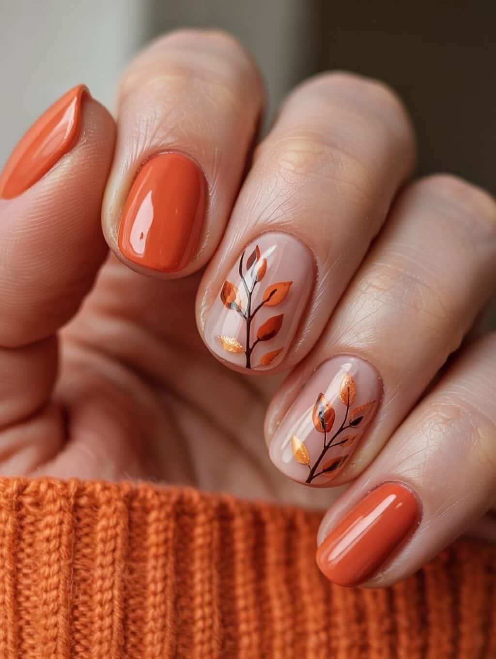 8. Burnt Orange Botanical Short Nails - fall leaf nail ideas