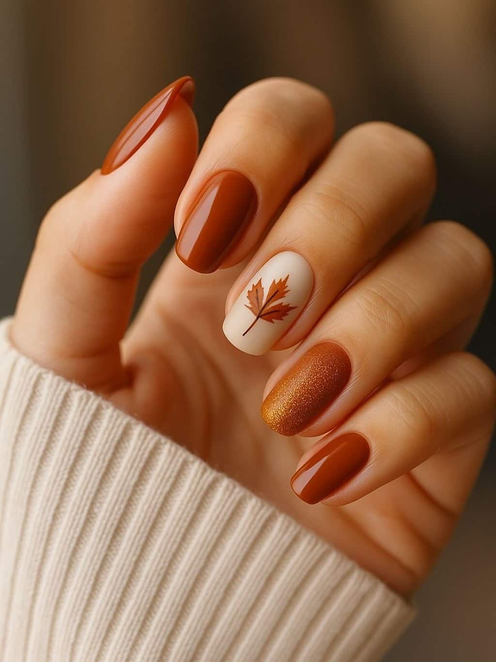 12. Rust Brown Maple Leaf Oval Nails - fall leaf nail ideas