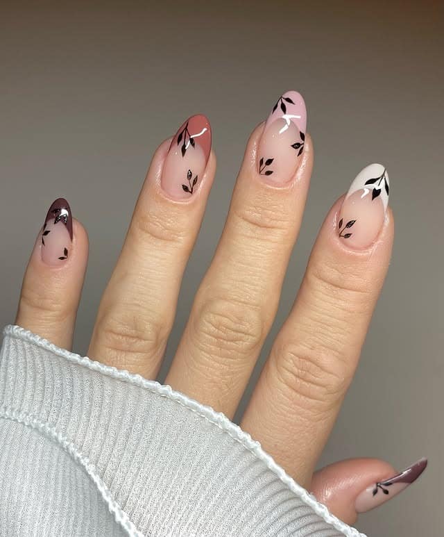 13. Blush Pink and Black Leaf Almond Nails - fall leaf nail ideas