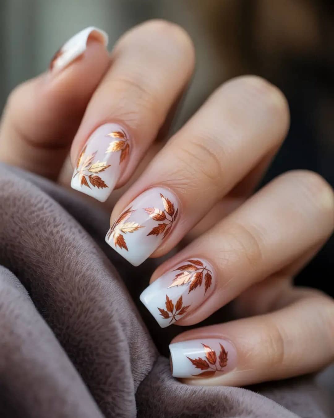 17. White French Tip Copper Leaf Square Nails - fall leaf nail ideas