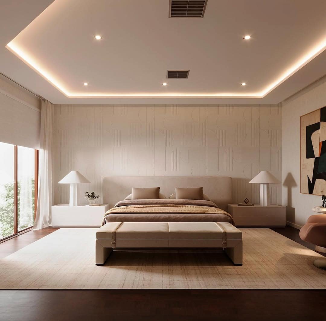 1. Warm Ivory Bedroom with Architectural Ceiling Lighting - elegant bedroom ideas