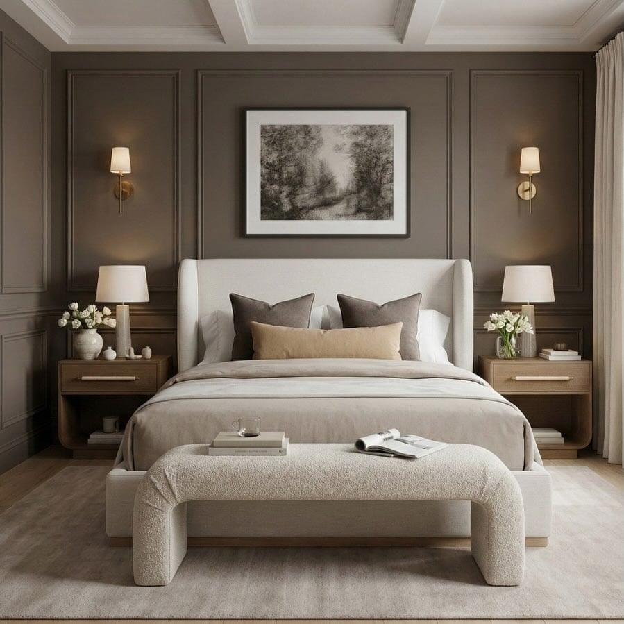 3. Chocolate Brown and Ivory Bedroom with Classic Wall Molding - elegant bedroom ideas