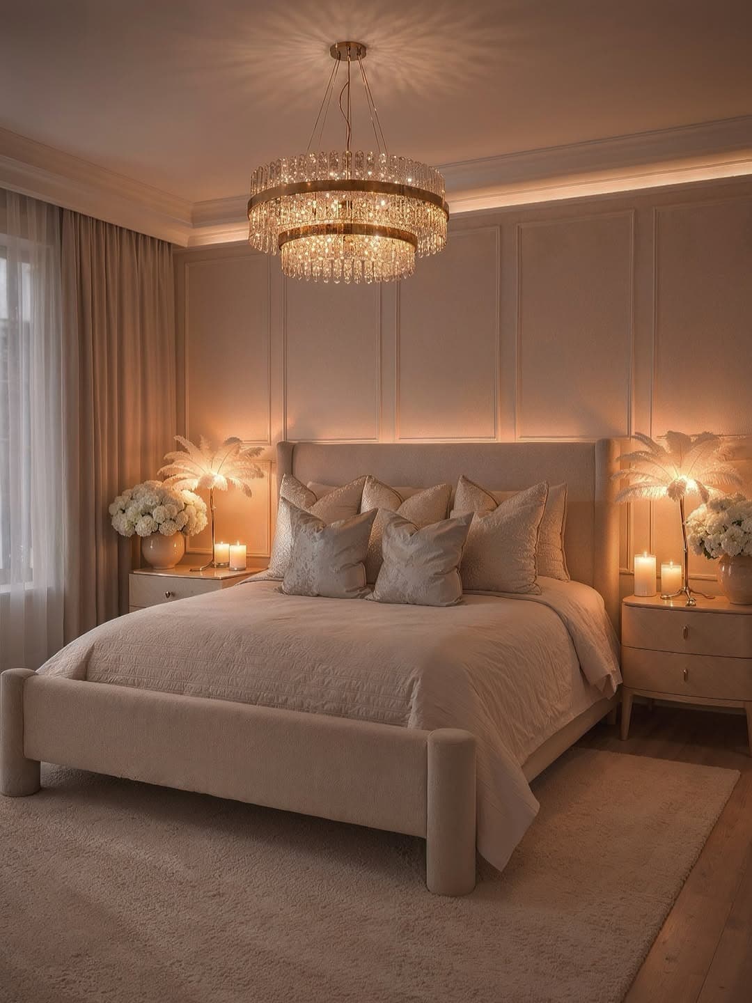 5. Champagne Beige Bedroom with Crystal Chandelier - elegant bedroom ideas
